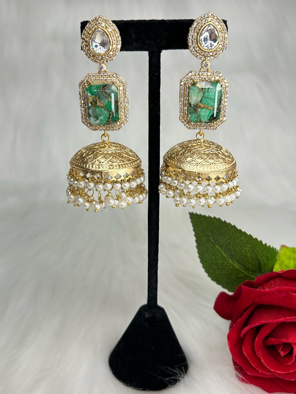 Gold and Mint Green Mona Lisa Stone Jhumka Earrings with Pearl Tassels